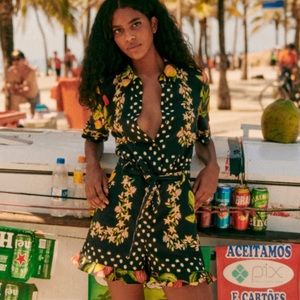 Sezane + Farm Rio, black romper with yellow floral design, 34